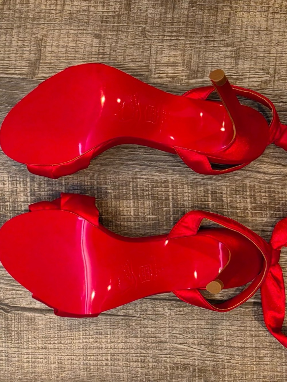 Christian Louboutin Red Satin Wrap-Ankle Stiletto Heels with Tassel - Picture 6 of 7